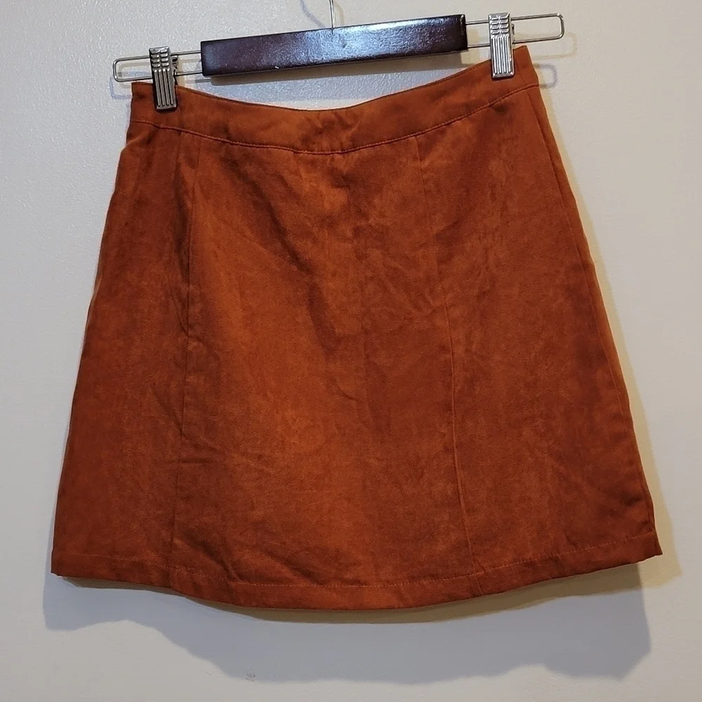 Shein Camel Brown / Orange Faux suede Mini Skirt Button Front Size Small